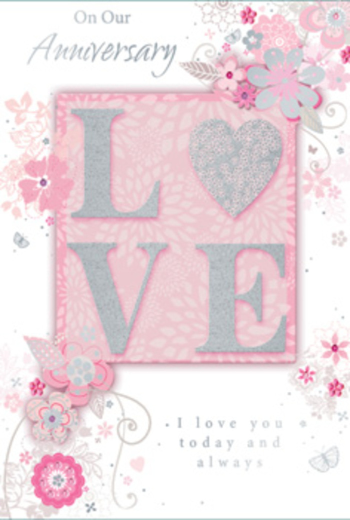 The anniversary card in this image unfolds like a whispered promise, its design crafted in a palette of blush pinks, pearly whites, and gentle silvers that brings to mind delicate petals arranged on a florist's workbench. Dominating the centre is the word "LOVE," each capital letter embossed and dusted with fine, frosted glitter so that they sit proudly above the surface. The glitter is soft rather than brash, catching the light in a way that feels like morning sun glancing off pale roses displayed in a Highams Park shop window. Around this central word, trails of hand-drawn flowers, tiny buds, and slender leaves travel across the card in loose, swirling lines. The blossoms appear almost like stylised cherry or apple blossoms, their rounded petals tinted in soft blush and ivory tones, while slim leaves and tendrils curl as if moving in a gentle breeze drifting up from Epping Forest. The background is a calm, powdery pink with a barely-there texture, evoking fine stationery rather than glossy card, which emphasises the sense of something carefully chosen and deeply personal. In an elegant, looping script, anniversary messages such as "I love you today and always" are woven into the design, the lettering fine and steady, echoing the curve of the leafy vines. The composition leaves breathing space around the central motif, creating a feeling of serenity and balance, like a thoughtfully spaced bouquet in a clear vase on a Highams Park kitchen table. The overall impression is of a card that doesn't shout but speaks gently and sincerely, perfectly suited to marking years of shared memories, quiet breakfasts, and evening walks through familiar local streets.